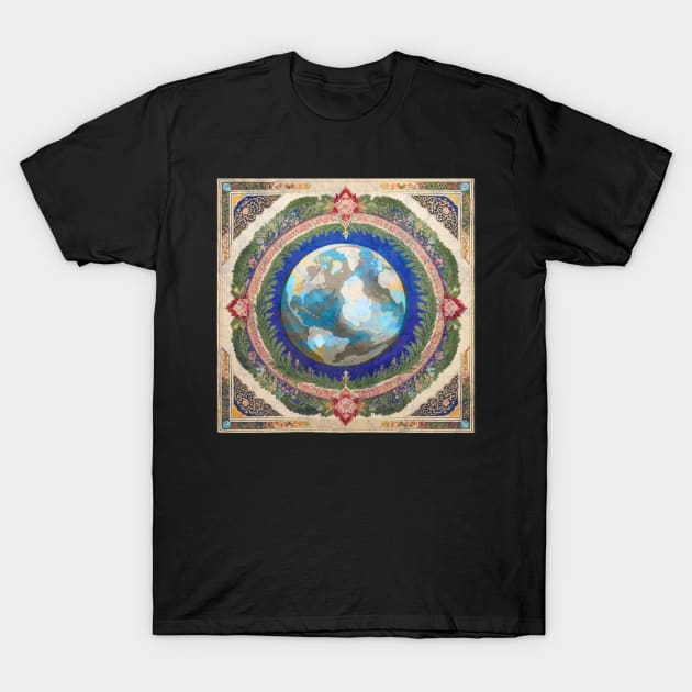 Earth mandala Islamic rug environmental protest flora pattern T-Shirt by Aurora X